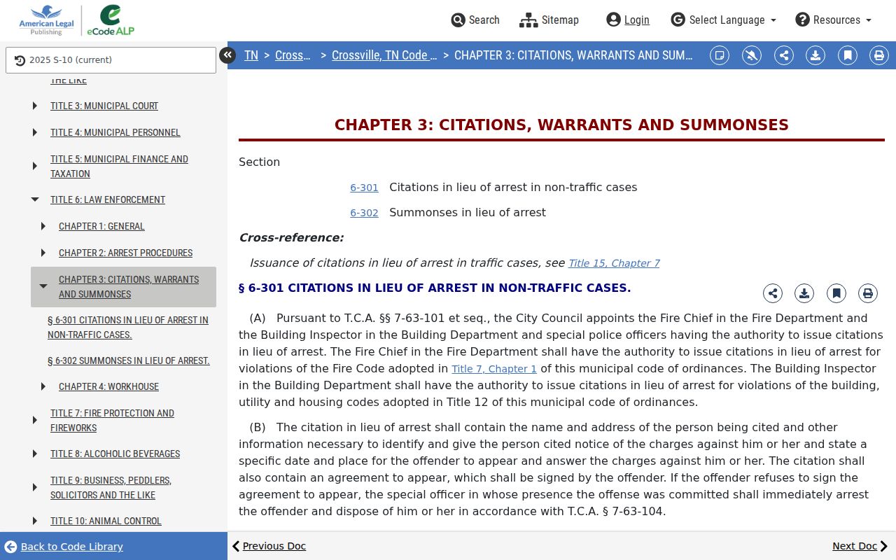 Cumberland County municipal warrant context, Crossville citation and summons code