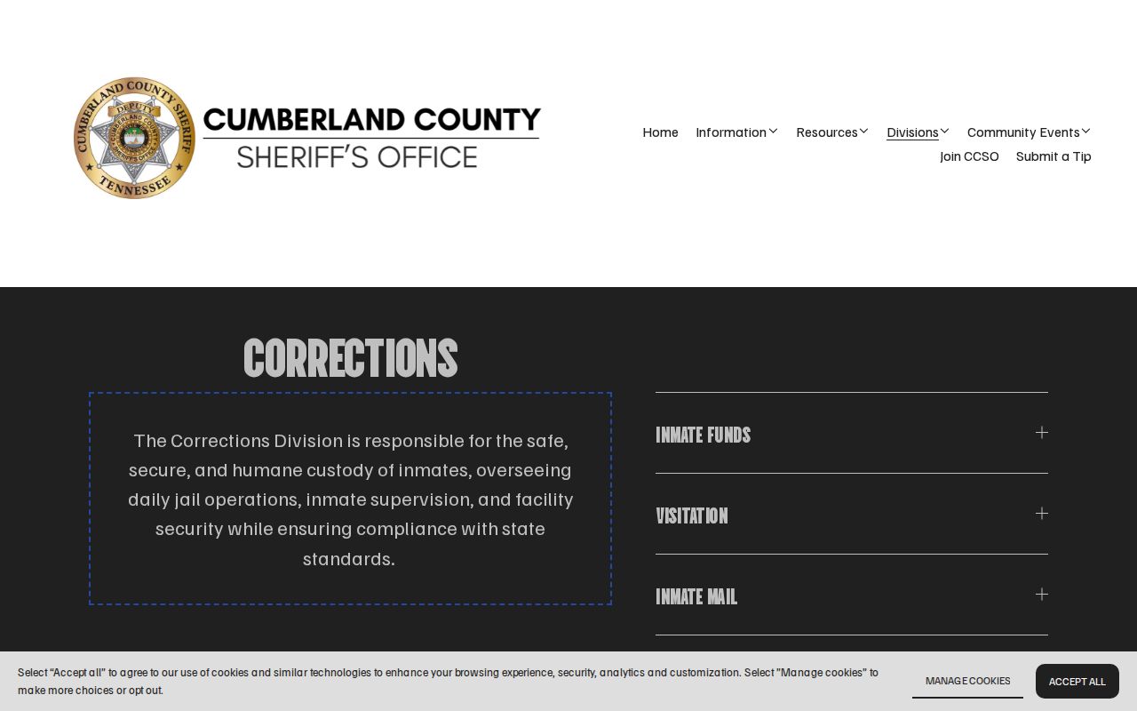Cumberland County active warrant information, separate Sheriff Corrections page