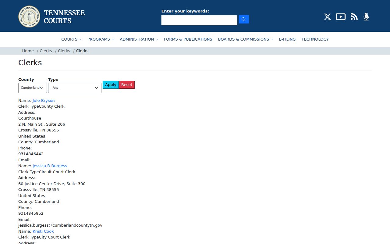 Cumberland County warrant search, Tennessee court clerk directory