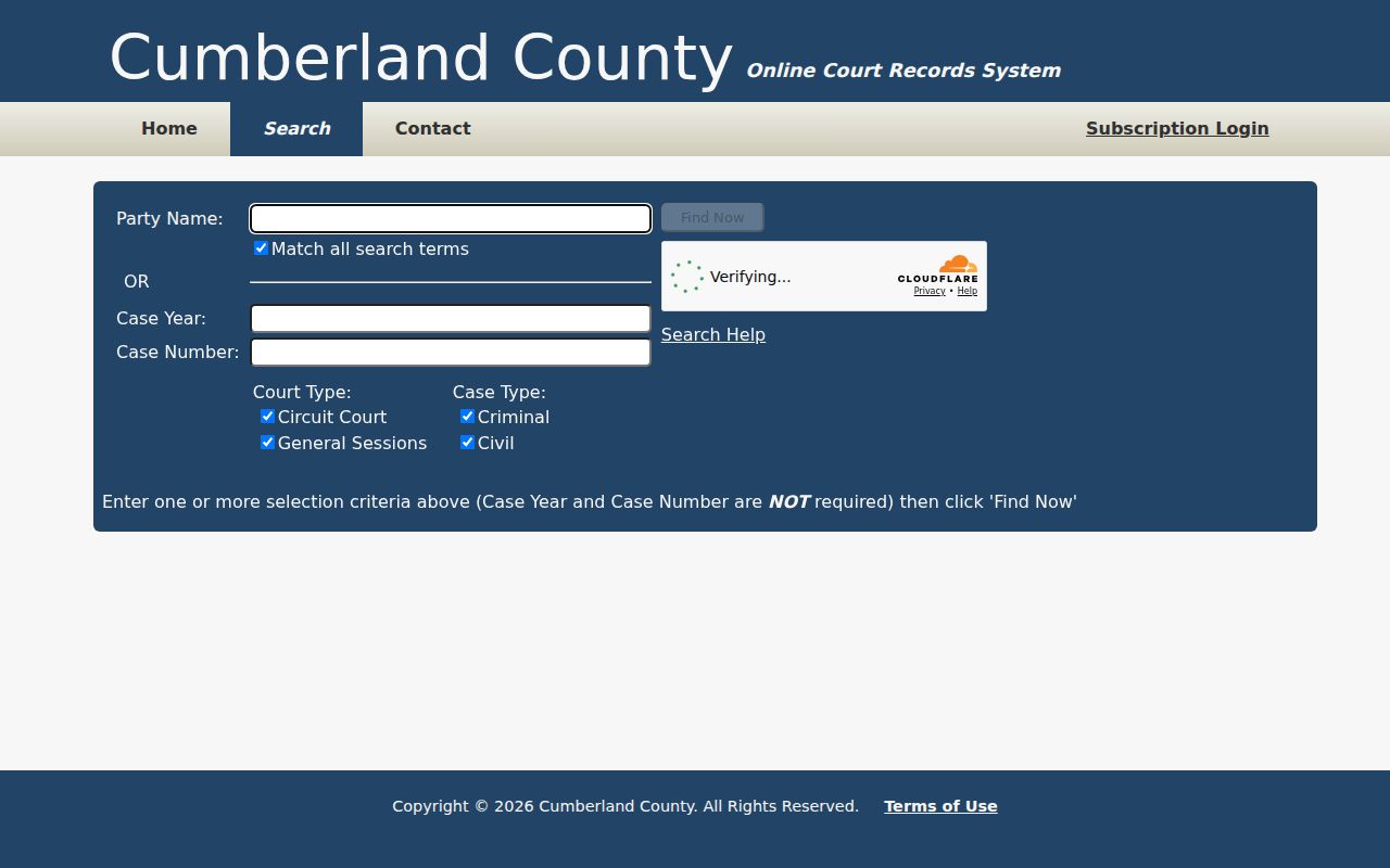 Cumberland County warrant search portal with blank court-record filters