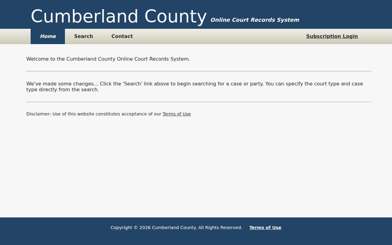 Cumberland County warrant search starting page for public court records